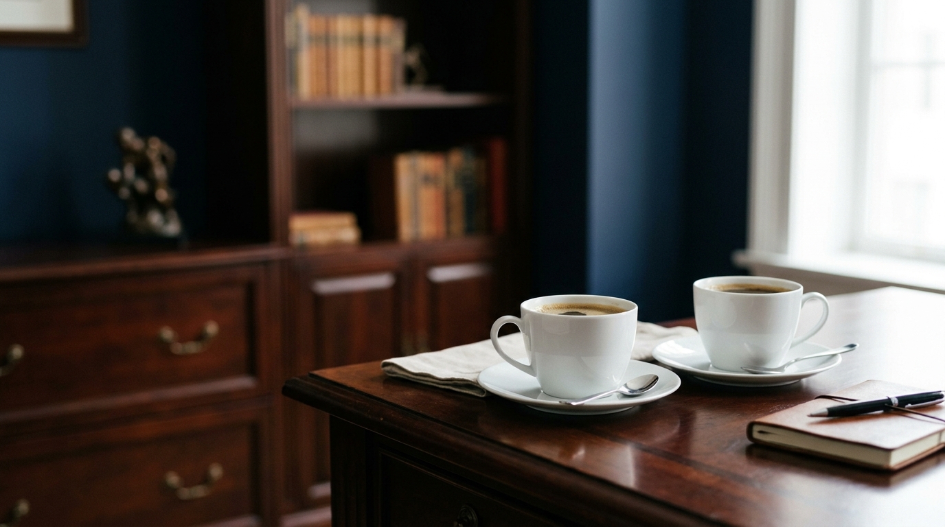 Two modern white porcelain coffee cups resting on a dark polished mahogany desk surface, positioned for a private discussion, with no people present in A quiet executive office with deep navy walls, warm mahogany wood, and soft morning light coming through a side window